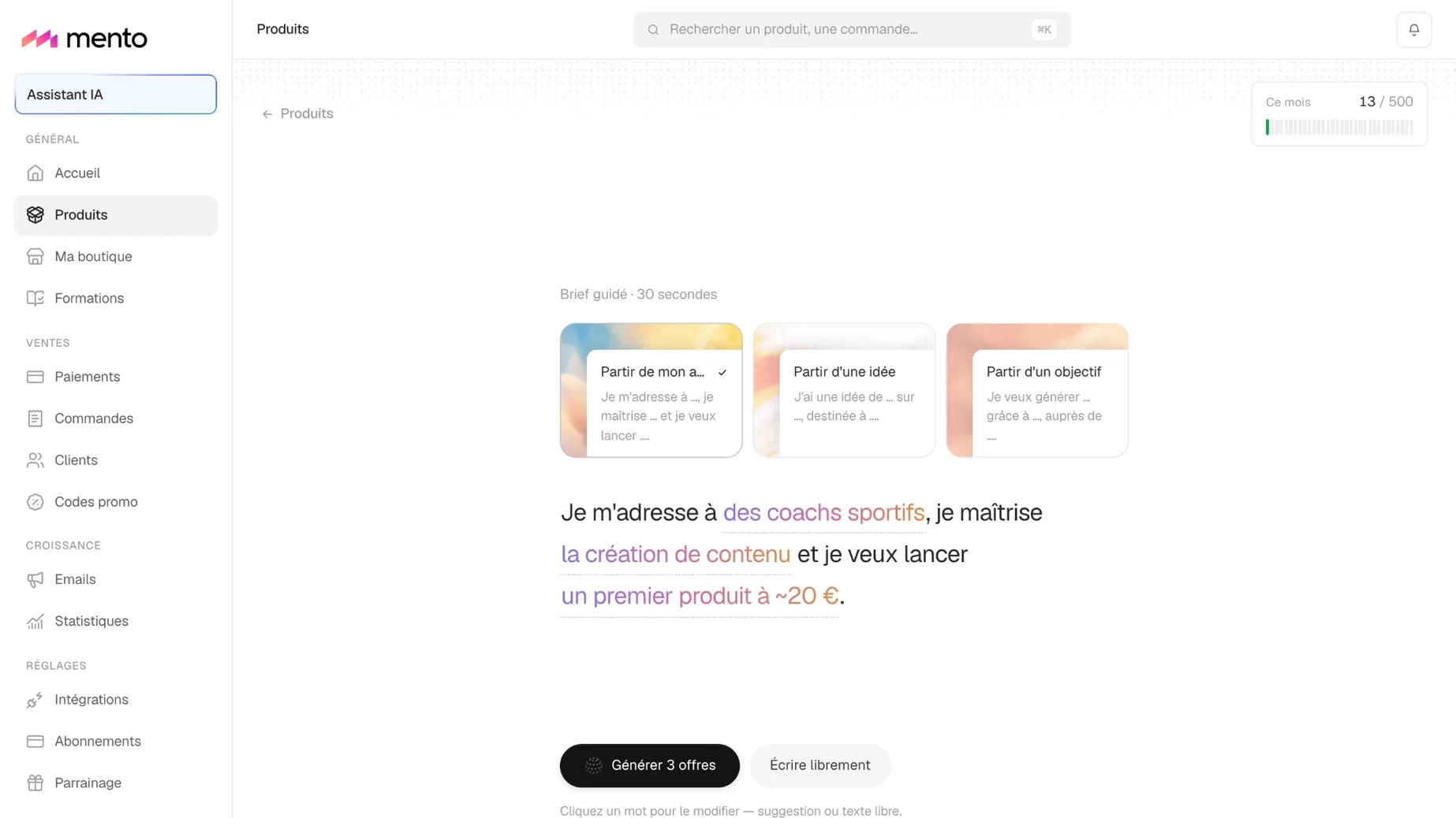 Le brief guidé : le créateur décrit son audience, son savoir-faire et le prix visé en une phrase, avant que l’IA propose trois offres.